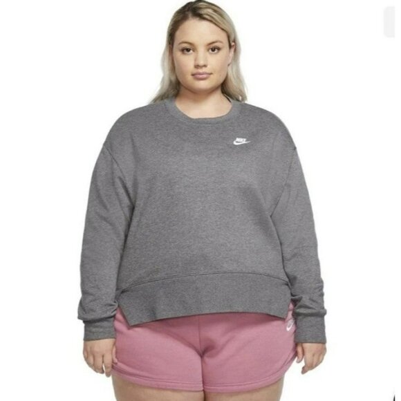 1X PLUS SIZE WOMEN'S Nike fleece crewneck sweatshirt gray CZ3373-071 TOP - Picture 1 of 6